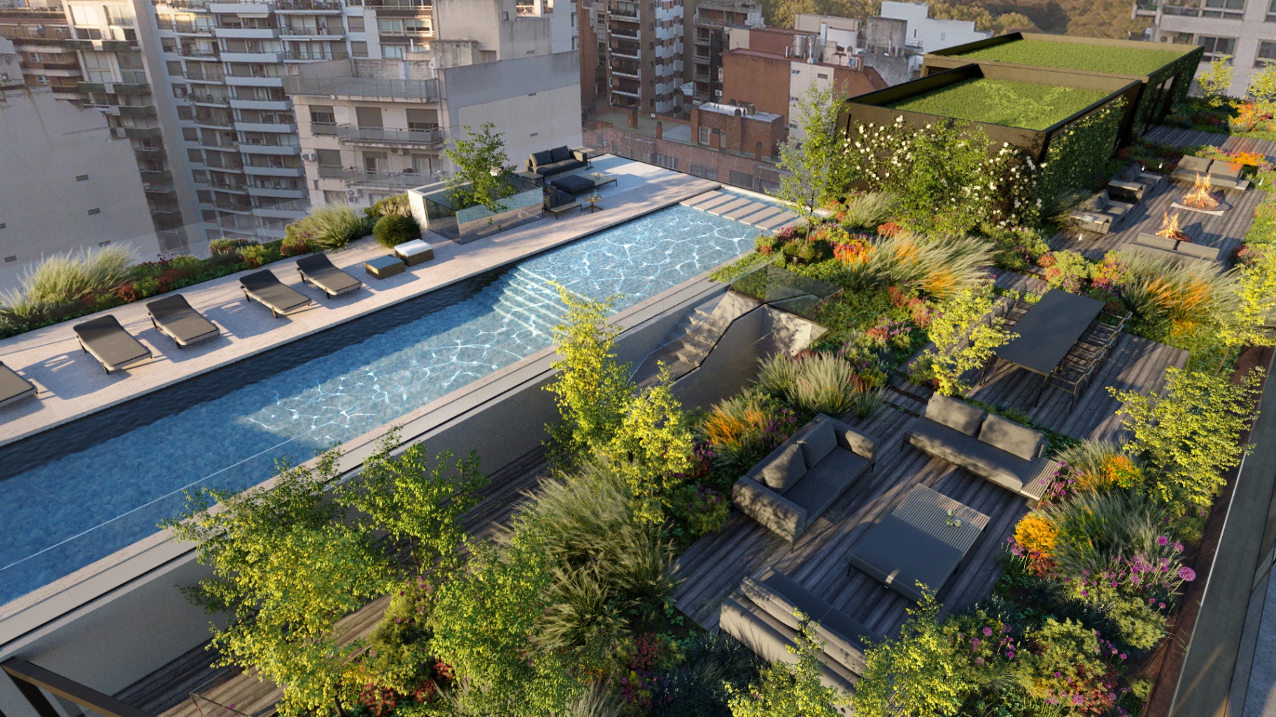 Pileta y jardines de la terraza de BOLD Barrancas desde el aire