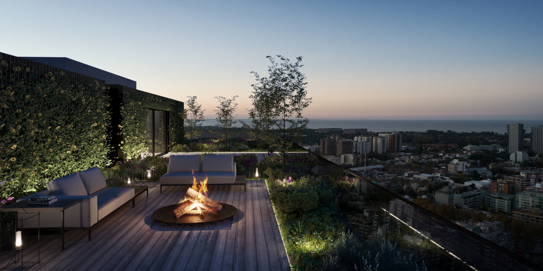 Terraza de BOLD Barrancas al anochecer